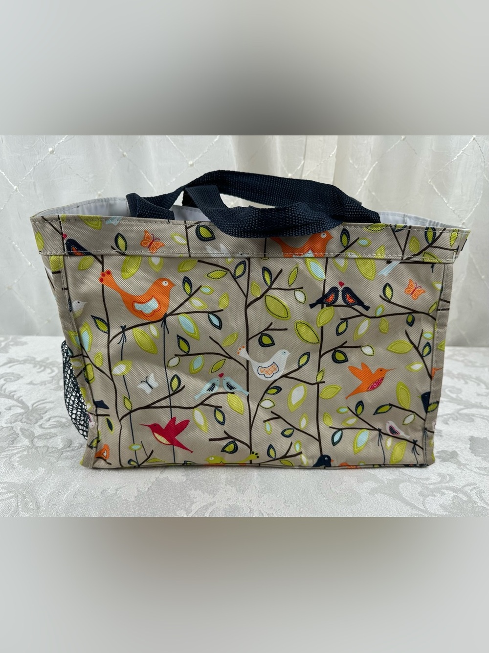 thirty-one Beige Tote with Multicolor Bird Print and Navy Handles